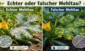Zucchini-Blätter: Echter Mehltau zeigt weißen Belag, falscher Mehltau gelbe Flecken. Unterscheidung hilft bei der Bekämpfung.