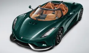 Zielony Koenigsegg Regera z brązowym wnętrzem, prezentujący swoje karbonowe nadwozie.