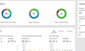 Dashboard per l'esempio di monitoraggio di un progetto: istanze di processo attive, incidenti aperti, task umani, metriche e distribuzioni.