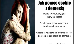 Kobieta z pękniętą skórą symbolizuje cierpienie. Obok tekst: "Jak pomóc osobie z depresją". Wsparcie w związku jest kluczowe.