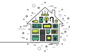 Casa stilizzata con elettrodomestici. Un consumo di 1500 watt in euro, un costo da valutare per la bolletta.