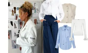 Eleganckie ubrania na rozpoczęcie roku szkolnego: biała koszula z kokardą, błękitna koszula z kokardą, kamizelka, biała bluzka z falbankami.