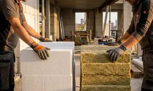 Dwóch budowlańców przygotowuje się do klejenia styroduru do fundamentów. Obok leżą stosy białego styroduru i wełny mineralnej.