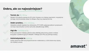 Termin do 20. dnia miesiąca na ZUS. Płacisz składki społeczne, zdrowotne, FP, FGŚP jednym przelewem. Ulgi dla startujących. Automatyzacja to spokój.