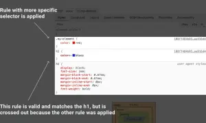 Exemple de la cascade CSS : une règle plus spécifique (.my-element) écrase une règle moins spécifique (h1) pour la couleur.