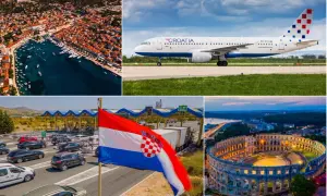 Chorwacja samolotem: widok na miasto z portem, samolot Croatia Airlines, autostrada z bramkami i flaga, amfiteatr w Puli.