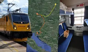 Żółty pociąg RegioJet na torach, mapa Europy z trasą do Chorwacji i wnętrze wagonu sypialnego. Pociąg do Chorwacji czeka!