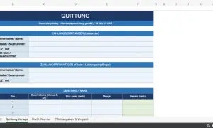 Vorlage für eine Quittung. Hier siehst du, wie man eine Quittung schreibt, mit Feldern für Empfänger, Zahler und Leistungen.