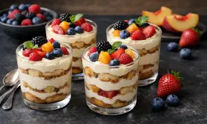Quatre verrines de tiramisu aux fruits rouges et pêches, un dessert d'été facile et coloré.