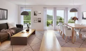 Soggiorno luminoso con divano, tavolino e zona pranzo. Ideale per capire dove posizionare il tavolo in soggiorno, vicino alle finestre per godere del panorama.