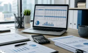 Scrivania con laptop aperto su fogli di calcolo, calcolatrice, penna e tazza. Analisi del costo dipendente part-time 30 ore.
