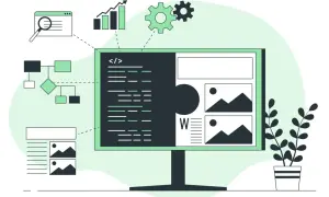 Analiza kodu i elementów strony internetowej. Wykresy, schematy blokowe i lupa wskazują na audyt strony internetowej.