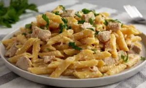 Penne w kremowym sosie ze smakowitymi kawałkami kurczaka, posypane świeżą natką pietruszki. Idealne danie na szybki obiad.