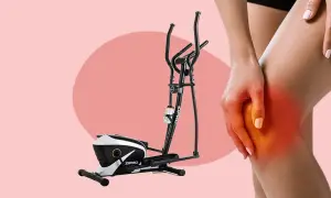 Crosstrainer für sanftes Training bei Kniearthrose. Ein Bein hält schmerzendes Knie, das Gerät steht daneben.