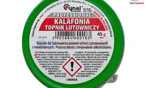 Zielone opakowanie z napisem "KALAFONIA TOPNIK LUTOWNICZY". Zawiera 45g produktu, który pomaga w lutowaniu.