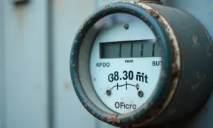 Stary licznik gazu z cyfrowym wyświetlaczem pokazuje 38.30 m³. Prosty sposób, jak czytać licznik gazu.