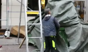 Pracownik w kamizelce i czapce przykrywa coś zieloną plandeką. Czy to hałas?