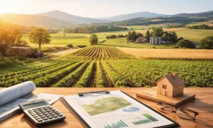 Pianificazione per un mutuo per terreno edificabile: calcolatrice, progetti e modello di casa su un tavolo con vista su un paesaggio agricolo al tramonto.
