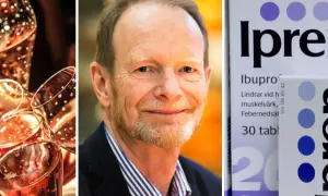 Glas med bubblor, en man och en medicinförpackning. Varning för paroxetin alkohol.