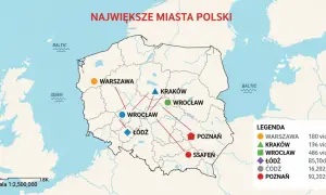 Mapa przedstawia najwieksze miasta Polski: Warszawę, Kraków, Wrocław, Łódź, Poznań i inne.