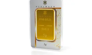 Złota sztabka 5g "FINE GOLD" w opakowaniu z certyfikatem.