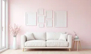 Jasna sofa w kolorze śmietankowym i białym, otoczona pastelową różową ścianą, z pustymi ramkami i kwitnącymi gałązkami.