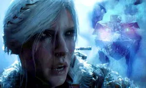 Eine Frau mit eisblondem Haar und grünen Augen blickt besorgt in die Kamera. Im Hintergrund lauert eine eisbedeckte Kreatur mit leuchtenden Augen, die an den Witcher IV erinnert.