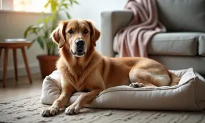 Złoty retriever leży na swoim posłaniu. Psu burczy w brzuchu i nie chce jeść, wygląda na smutnego.