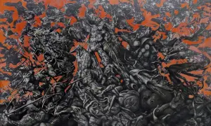 Mroczna, chaotyczna wizja z "Mistrz i Małgorzata", gdzie Azazello zdaje się wyłaniać z mroku.