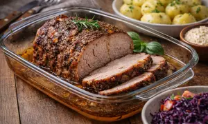 Soczysta karkówka pieczona w temperaturze 180°C, podana z ziemniakami i czerwoną kapustą. Idealna na obiad!