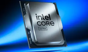 Procesador Intel Core Ultra, con su diseño plateado y el logo de Intel, listo para impulsar la próxima generación de tecnología, como un lago de flechas que guía el futuro.