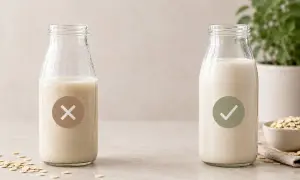 Zwei Flaschen mit Hafermilch: links eine mit X, rechts eine mit Häkchen. So gelingt hafermilch selber machen perfekt!