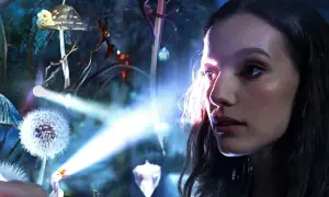 Dziewczyna w magicznym lesie, gdzie dmuchawce świecą, a gęś gra na keyboardzie. Scena jak z piosenki Pana Kleksa.