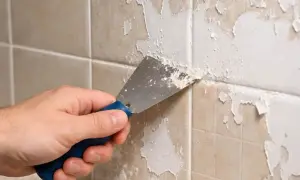 Main tenant enlever peinture sur carrelage avec une spatule. La peinture s'écaille sur les carreaux beiges.