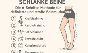 Die 6-Schritte-Methode für schlanke Beine: Krafttraining, Kardiotraining, Satzvolumen, Eiweißzufuhr, Kaloriendefizit, Regeneration. So bekommst du definierte und straffe Beinmuskulatur.