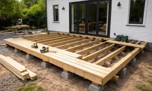 Grundarbete för att bygga trall. Träbjälkar ligger på betongplintar framför ett vitt hus med stora glasdörrar. Verktyg och virke ligger utspritt.