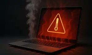 Laptop z dymem i ikoną termometru na ekranie, symbolizujący przegrzewanie.