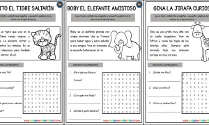 Sopa de letras en inglés imprimir con tres animales: Tito el tigre, Boby el elefante y Gina la jirafa.