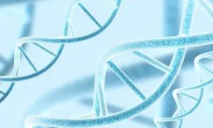 Niebieskie, spiralne struktury DNA, symbolizujące polimorfizm i różnorodność genetyczną, unoszą się w delikatnym, rozmytym tle.