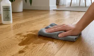 En hand torkar upp spill på ett parkettgolv med en mikrofiberduk. Flaskan med parkettrengöring står bredvid. Ett klassiskt husmorstips för att hålla golvet rent.