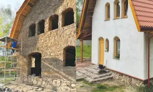 Budowa domu ze słomy: etap surowy z widocznymi belami słomy i rusztowaniem, obok ukończony, otynkowany budynek z żółtymi drzwiami i oknami.