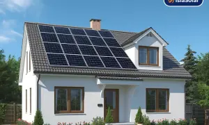 Casa con paneles de energía solar térmica en el tejado, aprovechando el sol para un hogar sostenible.