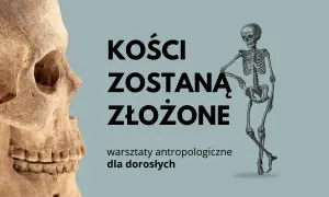 Czaszka i szkielet na tle napisu "Kości zostaną złożone". Warsztaty antropologiczne dla dorosłych.