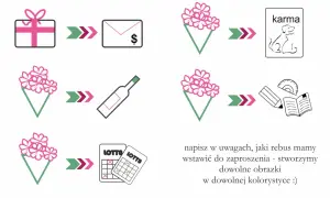 Pomysły na śmieszne teksty do zaproszenia na imprezę: prezent, koperta z kasą, bukiet, butelka, karma, książka, lotto. Stwórz własny rebus!