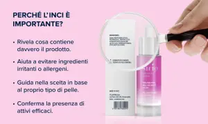 Lente d'ingrandimento su ingredienti creme viso: acqua, glicole propilenico, acido tartarico, lattico. Aiuta a scegliere prodotti sicuri.