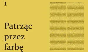 Symbolizm co to? Wielkie litery "Patrząc przez farbę" i numer 1 na żółtym tle. Tekst omawia analizę dzieł sztuki.