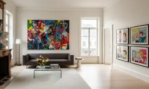 Ein Wohnzimmer mit einem großen, farbenfrohen abstrakten Gemälde und Comic-Kunstwerken, die klassische Kunstwerke nachstellen.