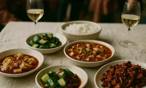 En härlig måltid med koreansk mat, inklusive dumplings, tofu och ris, perfekt ackompanjerad av ett glas vitt vin.