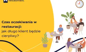 Ludzie siedzą przy stolikach w kawiarni, piją kawę i rozmawiają. Zegar na ścianie pokazuje, że czas oczekiwania w restauracji może być długi.