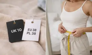 Metka z rozmiarem UK 10, EU 38, PL 38. Kobieta mierzy talię centymetrem.